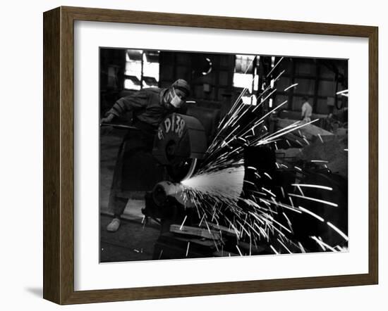 Japanese Worker Cutting Steel Pipe W. Huge Power Saw at Yawata Steel Mill-Margaret Bourke-White-Framed Photographic Print