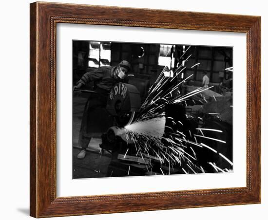 Japanese Worker Cutting Steel Pipe W. Huge Power Saw at Yawata Steel Mill-Margaret Bourke-White-Framed Photographic Print