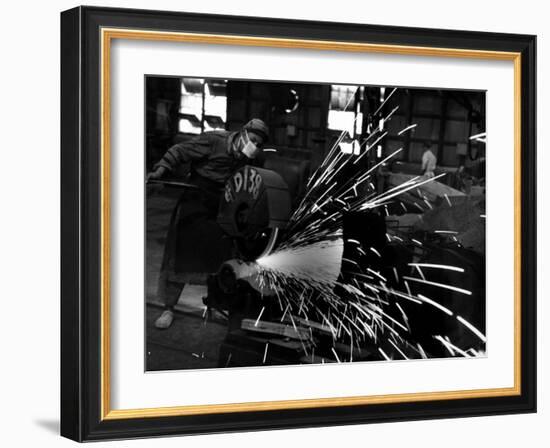 Japanese Worker Cutting Steel Pipe W. Huge Power Saw at Yawata Steel Mill-Margaret Bourke-White-Framed Photographic Print