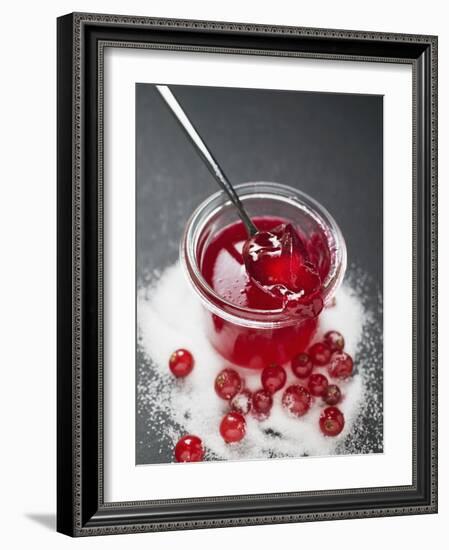 Jar of Redcurrant Jelly with Spoon, Sugar and Redcurrants-null-Framed Photographic Print