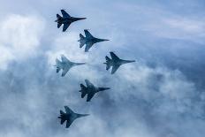 Silhouettes of Russian Fighter Aircrafts Su-27 in the Sky-javarman3-Photographic Print