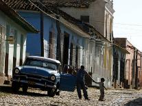 A Cuban Man Gets out of His Car with His Child-Javier Galeano-Photographic Print