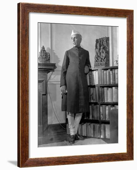 Jawaharlal Nehru, President of India's Congress Party, in His Library at Home-Margaret Bourke-White-Framed Premium Photographic Print