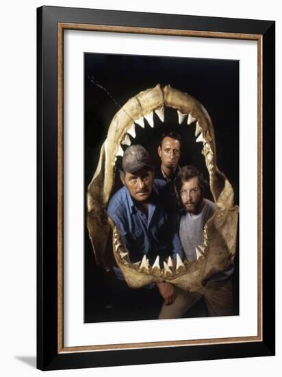 Jaws, Robert Shaw, Roy Scheider, Richard Dreyfuss, Directed by Steven Spielberg, 1975-null-Framed Photo