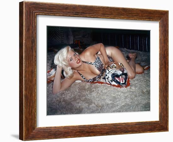 Jayne Mansfield Wearing a Leopard Print Bikini on a Tiger Skin Rug Undated United States-null-Framed Photo