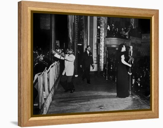 Jazz and Blues Singer Billie Holiday with Bluesmen Hot Lips Page and Jimmie Evans at Apollo Theatre-null-Framed Stretched Canvas