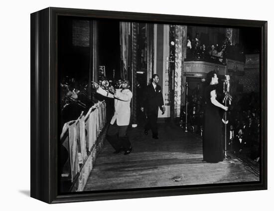 Jazz and Blues Singer Billie Holiday with Bluesmen Hot Lips Page and Jimmie Evans at Apollo Theatre-null-Framed Stretched Canvas