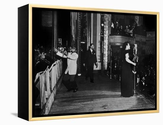 Jazz and Blues Singer Billie Holiday with Bluesmen Hot Lips Page and Jimmie Evans at Apollo Theatre-null-Framed Stretched Canvas