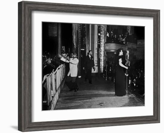 Jazz and Blues Singer Billie Holiday with Bluesmen Hot Lips Page and Jimmie Evans at Apollo Theatre-null-Framed Photo