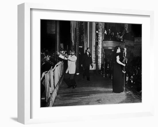 Jazz and Blues Singer Billie Holiday with Bluesmen Hot Lips Page and Jimmie Evans at Apollo Theatre-null-Framed Photo