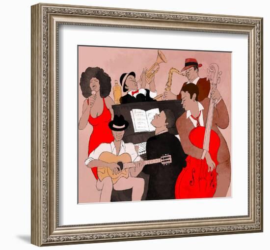 Jazz Band Jamming Around Piano-null-Framed Art Print