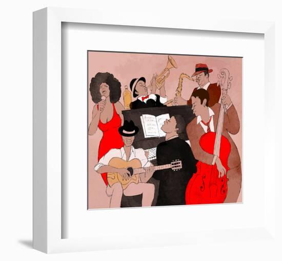Jazz Band Jamming Around Piano-null-Framed Premium Giclee Print