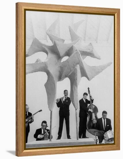 Jazz Drummer Chico Hamilton Playing with Band Behind Sculpture Called "Counterpoints"-Gordon Parks-Framed Premier Image Canvas