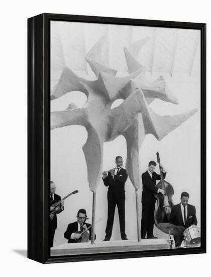 Jazz Drummer Chico Hamilton Playing with Band Behind Sculpture Called "Counterpoints"-Gordon Parks-Framed Premier Image Canvas