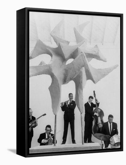 Jazz Drummer Chico Hamilton Playing with Band Behind Sculpture Called "Counterpoints"-Gordon Parks-Framed Premier Image Canvas