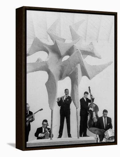 Jazz Drummer Chico Hamilton Playing with Band Behind Sculpture Called "Counterpoints"-Gordon Parks-Framed Premier Image Canvas