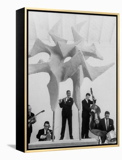 Jazz Drummer Chico Hamilton Playing with Band Behind Sculpture Called "Counterpoints"-Gordon Parks-Framed Premier Image Canvas