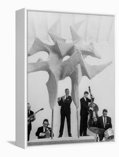 Jazz Drummer Chico Hamilton Playing with Band Behind Sculpture Called "Counterpoints"-Gordon Parks-Framed Premier Image Canvas