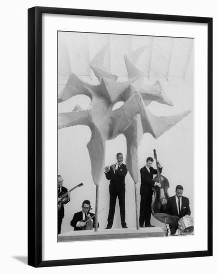 Jazz Drummer Chico Hamilton Playing with Band Behind Sculpture Called "Counterpoints"-Gordon Parks-Framed Premium Photographic Print