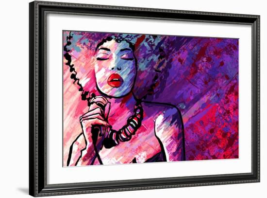 Jazz Singer with Microphone on Grunge Background - Vector Illustration-isaxar-Framed Art Print