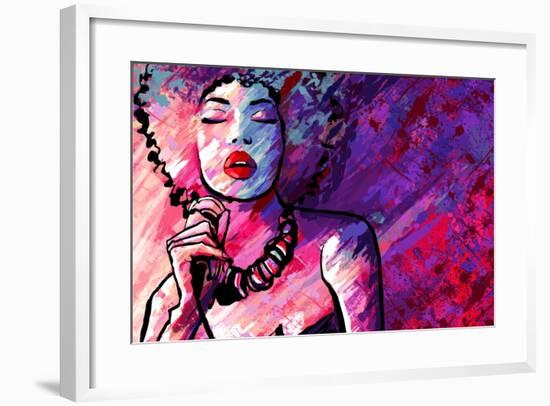 Jazz Singer with Microphone on Grunge Background - Vector Illustration-isaxar-Framed Art Print