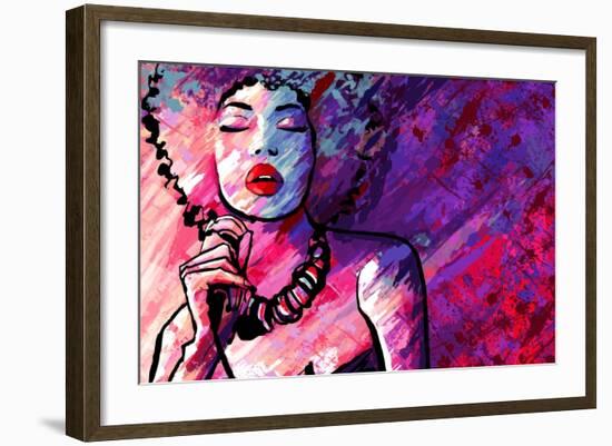 Jazz Singer with Microphone on Grunge Background - Vector Illustration-isaxar-Framed Art Print