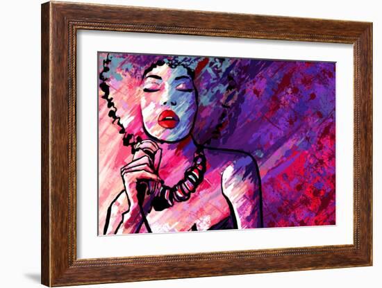 Jazz Singer with Microphone on Grunge Background - Vector Illustration-isaxar-Framed Art Print