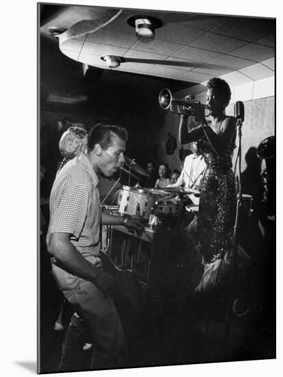 Jazz Trumpet Player Clora Bryant, Playing Trumpet with Dixieland Band in Hermosa Beach-Loomis Dean-Mounted Premium Photographic Print