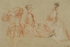 A Flutist, Two Women, Red Chalk, White Wash-Jean Antoine Watteau-Giclee Print