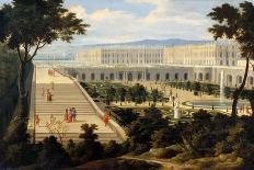 Vue de l'Orangerie et du château de Versailles depuis les hauteurs de Satory, au premier plan, la-Jean-Baptiste Martin-Framed Giclee Print