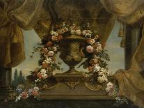 Un vase d'or couvert posé sur un socle de phorphyre, le fond est un rideau et un ciel  1702-1704-Jean Belin-Mounted Giclee Print