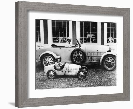 Jean Bugatti and Roland Bugatti Sons of Ettore Bugatti in Cars Made by their Father, C. 1928-null-Framed Photo