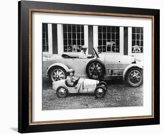 Jean Bugatti and Roland Bugatti Sons of Ettore Bugatti in Cars Made by their Father, C. 1928-null-Framed Photo