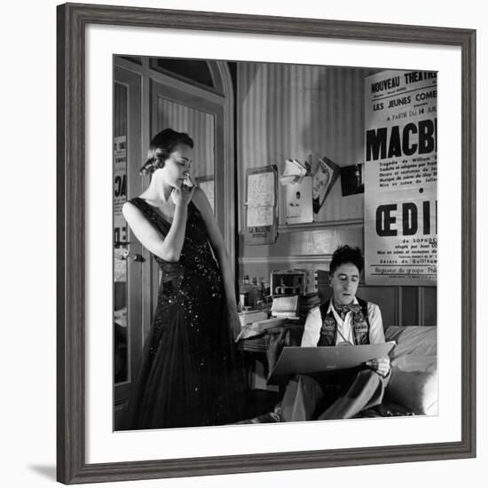 Jean Cocteau Sketching Model Elizabeth Gibbons in a Chanel Dress in His Hotel Bedroom-Roger Schall-Framed Premium Photographic Print