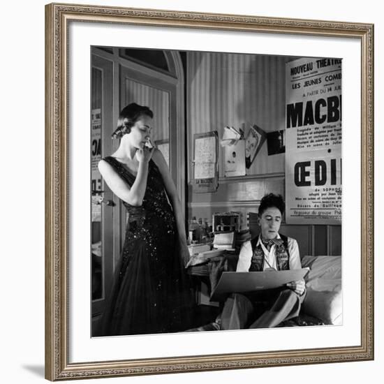 Jean Cocteau Sketching Model Elizabeth Gibbons in a Chanel Dress in His Hotel Bedroom-Roger Schall-Framed Premium Photographic Print