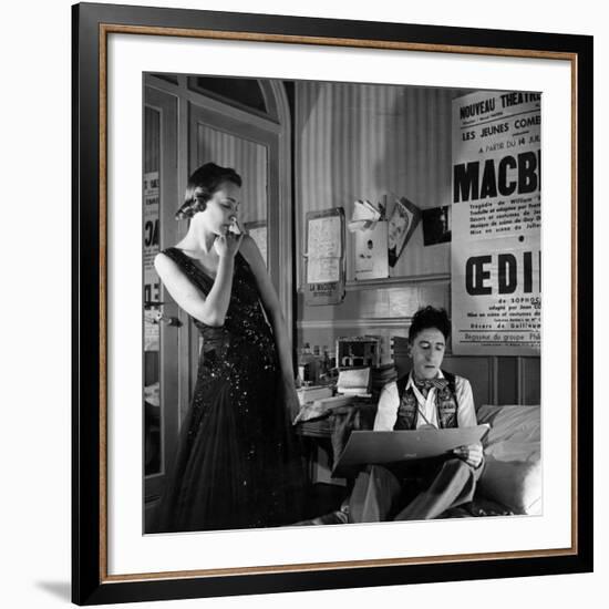 Jean Cocteau Sketching Model Elizabeth Gibbons in a Chanel Dress in His Hotel Bedroom-Roger Schall-Framed Premium Photographic Print