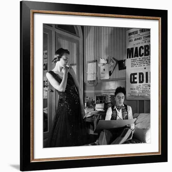 Jean Cocteau Sketching Model Elizabeth Gibbons in a Chanel Dress in His Hotel Bedroom-Roger Schall-Framed Premium Photographic Print