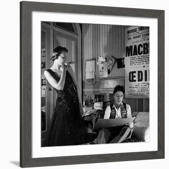 Jean Cocteau Sketching Model Elizabeth Gibbons in a Chanel Dress in His Hotel Bedroom-Roger Schall-Framed Premium Photographic Print