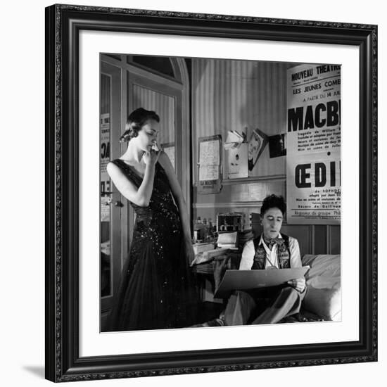 Jean Cocteau Sketching Model Elizabeth Gibbons in a Chanel Dress in His Hotel Bedroom-Roger Schall-Framed Premium Photographic Print