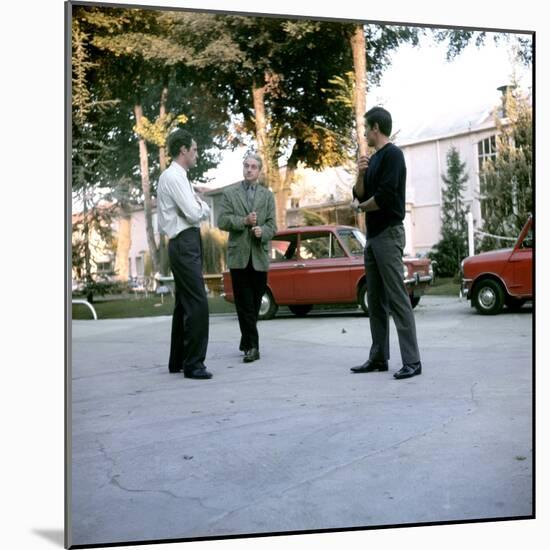 Jean-Paul Belmondo, Rene Clement and Alain Delon on set of film 'Is Paris burning?', 1966 (photo)-null-Mounted Photo