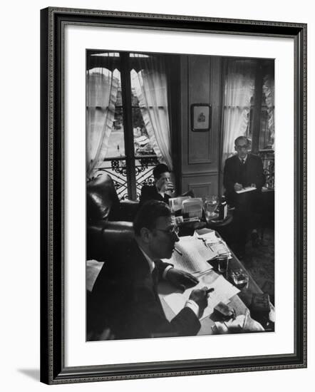 Jean Paul Sartre, Simone de Beauvoir and Saul Steinberg at Sartre's Home in Paris-Gjon Mili-Framed Premium Photographic Print