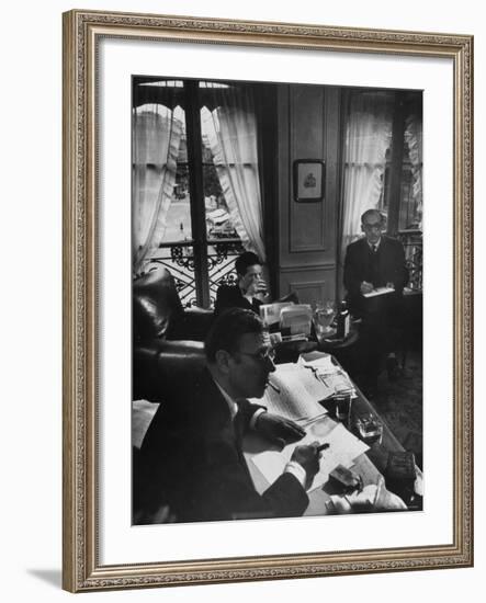 Jean Paul Sartre, Simone de Beauvoir and Saul Steinberg at Sartre's Home in Paris-Gjon Mili-Framed Premium Photographic Print