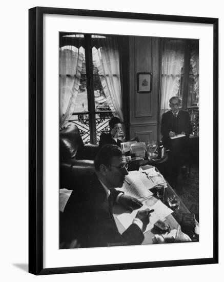 Jean Paul Sartre, Simone de Beauvoir and Saul Steinberg at Sartre's Home in Paris-Gjon Mili-Framed Premium Photographic Print