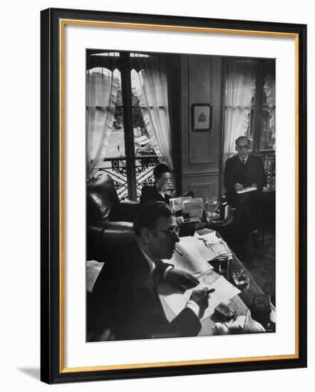 Jean Paul Sartre, Simone de Beauvoir and Saul Steinberg at Sartre's Home in Paris-Gjon Mili-Framed Premium Photographic Print