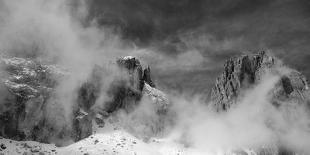 Clouds hang between the mountains of the Dolomites-Jean Schwarz-Framed Premier Image Canvas