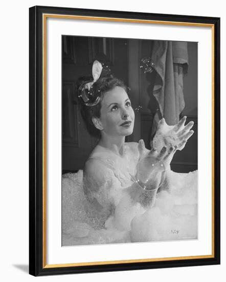 Jeanne Crain Taking Bubble Bath for Her Role in Movie Margie-Peter Stackpole-Framed Premium Photographic Print