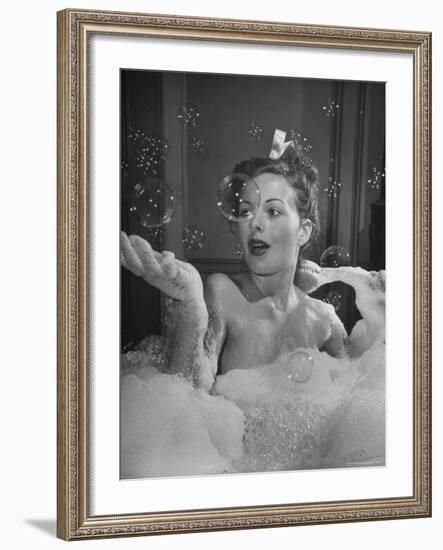 Jeanne Crain Taking Bubble Bath for Her Role in Movie Margie-Peter Stackpole-Framed Premium Photographic Print