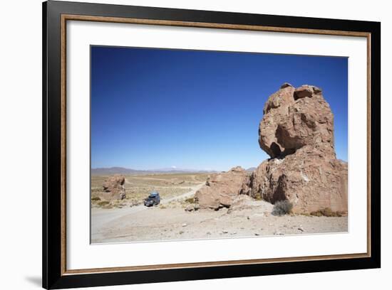 Jeep Driving Through Rocky Landscape on the Altiplano, Potosi Department, Bolivia, South America-Ian Trower-Framed Photographic Print