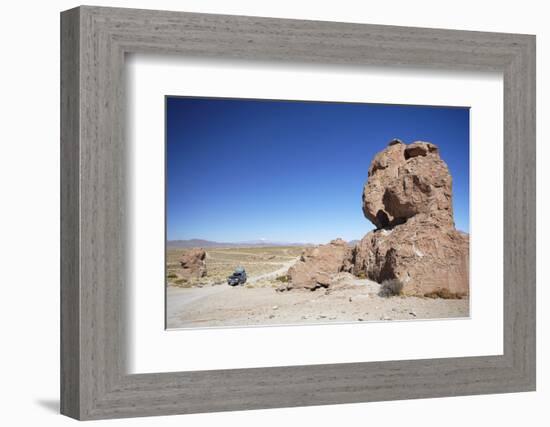 Jeep Driving Through Rocky Landscape on the Altiplano, Potosi Department, Bolivia, South America-Ian Trower-Framed Photographic Print