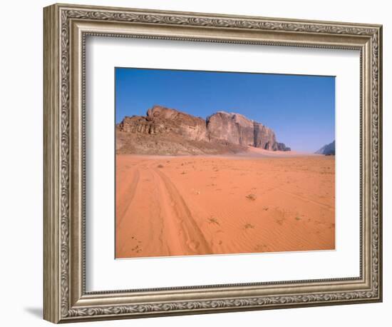 Jeep Tracks Across in Desolate Red Desert of Wadi Rum, Jordan-Cindy Miller Hopkins-Framed Photographic Print